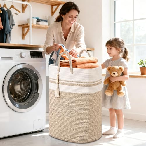 Woven Laundry Basket for Clothes, 50 L Large Rectangle Laundry Hampers with Beads Tassel, Nursery Storage Basket for Toys, Tall Dirty Clothes Hamper for Bedroom Aesthetic, Laundry Room Organization - color: Brown&White, size: 50L