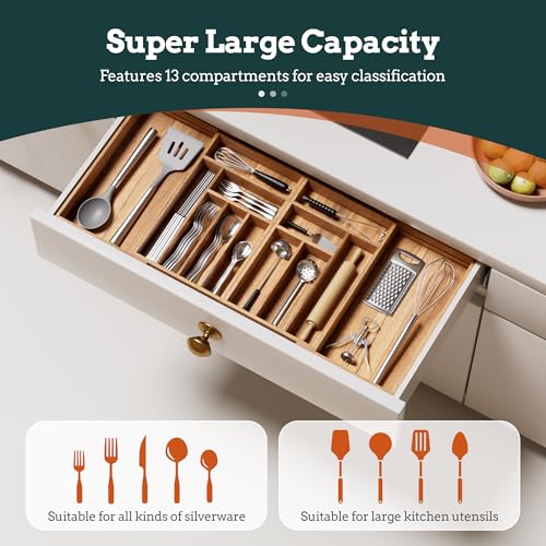 Silverware Organizer Large, Magnetic Connected Expandable 13 Slots Silverware Drawer Organizer From 21 to 37.4 Inches, Adjustable Flatware and Cutlery Holder, Bamboo Utensil Tray for Kitchen Acacia - color: Acacia, size: 13 Slots