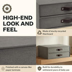Bigso Birger 2-Drawer Canvas Fiberboard Easy Pull Handle Document Letter Box | Desktop Drawers for Loose Papers and Documents | Desktop Storage Drawers with Leather Handles | 13.1” x 10” x 5.7” | Grey - color: Grey