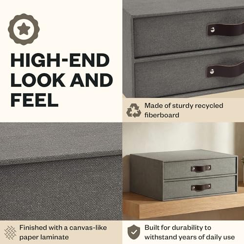 Bigso Birger 2-Drawer Canvas Fiberboard Easy Pull Handle Document Letter Box | Desktop Drawers for Loose Papers and Documents | Desktop Storage Drawers with Leather Handles | 13.1” x 10” x 5.7” | Grey - color: Grey