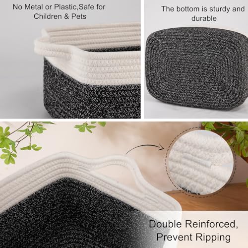 OIAHOMY 3 Pack Storage Baskets for Organizing, Woven Cotton Rope Basket for Shelves, Closet Organizer Bins with Handles, Rectangle Toy Organization, 13.78''×9.84''×5.5'', Black & White - color: Black variegated, size: 13.8''×9.8''×5.5''