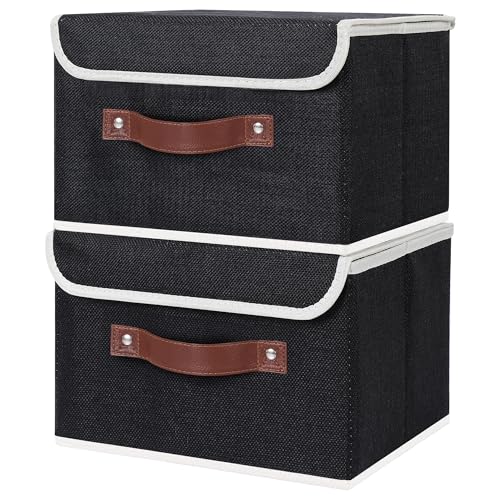 ANMINY 2PCS Storage Bins with Lid PU Leather Handles Storage Boxes PP Plastic Board Decorative Foldable Lidded Cotton Linen Fabric Home Cubes Baskets Closet Organizer Containers - Black, Small Size - color: Black, size: Small (Pack of 2)