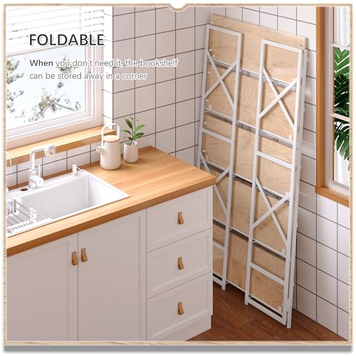 4NM Extra Wide 5 Tiers No Assembly Book Shelves, 51.2" H Folding Bookshelf Bookcase Open Industrial Foldable Shelves for Bedroom, Living Room, Home Office - Natural White - color: Natural White, size: Wide XX 5-Tier