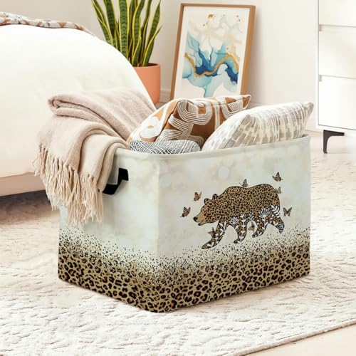 56L Leopard Print Bear Laundry Basket Clothes Hamper with Handles,Foldable Blanket Storage Large Laundry Hamper with Waterproof PE,Toy Storage Bin Organizer,Clothes Organizer,Home Decor - color: Leopard Print Bear