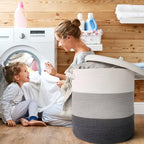 Large Storage Basket with Lid 60L, 16"Wx18"H Woven Laundry Basket with Lid Cotton Laundry Basket, Wicker Basket Blankets Pillows Storage in Living Room Baby Nursery, Dark Gray/Gray/White Mix with Lid - color: Dark Gray/Gray/White Mix-16"Wx18"H