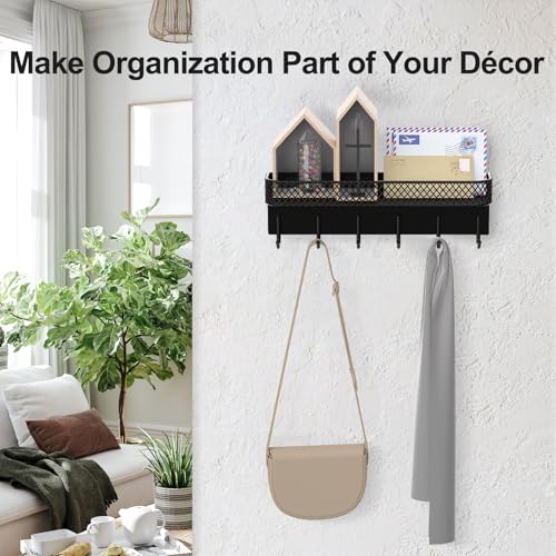 Lwenki Key Holder for Wall – Decorative Stainless Steel Key Hanger with 6 Hooks for Hats, Bags, Leashes – Mail Holder Key Rack with Mounting Hardware and Guide (9.65” x 2.8” x 2.2”) (Black) - color: Black
