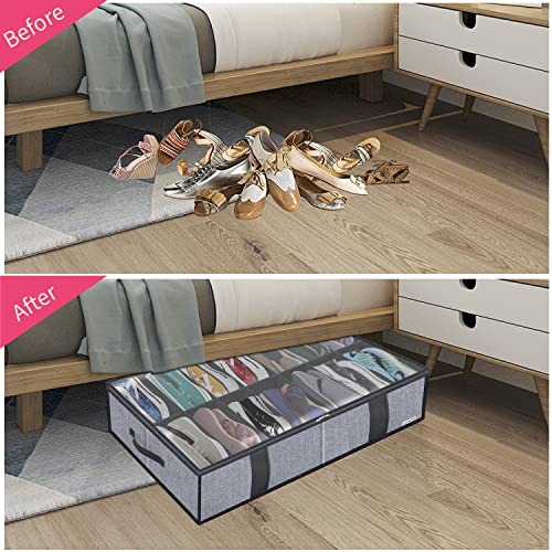 Onlyeasy Under Bed Shoe Storage Organizers for Kids and Adults Fit 14 Pairs of Shoes & 4 Pairs of Boots, Sturdy Underbed Organizer with 2 Strong Zippers and 4 Handles, Linen-like Grey, MXDUBS14S4 - color: 1 Boots 1 Shoes (14+4 Cells) Linen-like Grey