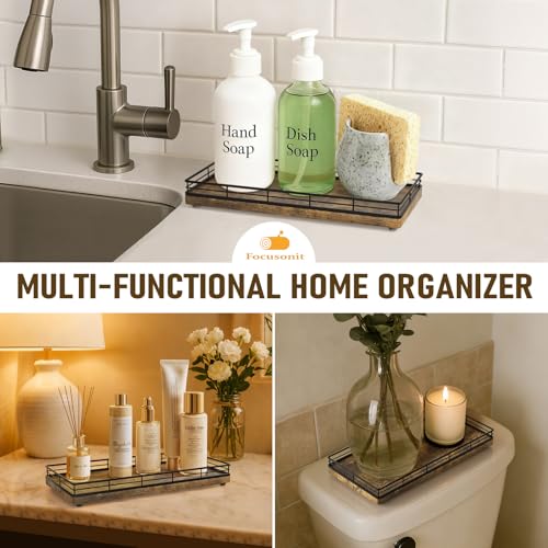 Bathroom Vanity Tray for Countertop, 12" x 6" Wood Toilet Tank Tray with Metal Guardrail, Bathroom Organizer for Soap, Perfume & Skincare, Non-Slip Decorative Tray for Dresser, Black & Rustic Brown - color: Rustic Brown, size: 12" x 6" x 1.5"