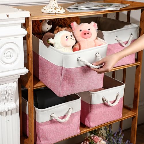 meekoo 8 Pack Collapsible Storage Bins Fabric Storage Bins Polyester Fabric Baskets with Handles Linen Closet Organizer for Shelf Home Closet Towels Toys(15 x 11 x 9.5 in,Pink White) - color: Pink White, size: 15 x 11 x 9.5 In