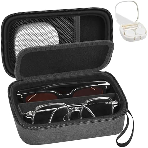 GWCASE Travel Glasses Organizer & Contact Lens Case - Adjustable Slots, Built-in Mirror, Tweezers, Solution Bottle & Hand Strap, Universal Fits Eyelasses/Sunglasses for Men & Women – Black - color: Black