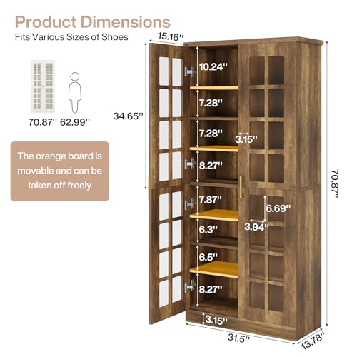 Tribesigns Tall Shoe Cabinet with Doors, 8-Tier Shoe Storage with Adjustable Shelves, Modern Shoe Organizer Shoe Rack Cabinet for Entryway, Hallway, Closet, Living Room, Rustic Brown - color: Rustic Brown