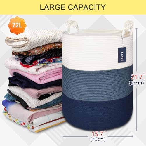 COMSE Extra Large Blanket Basket, Tall Woven Storage Basket, Nursery Hamper, 15.7”x 21.7”, Cotton Rope Laundry Hamper for Toys Clothes Towels, White/Cadet Blue/Navy Blue - color: White & Cadet Blue & Navy Blue