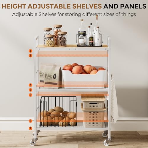 3-Tier Metal Storage Rack with Industrial Wheels,Mesh Shelving Unit with Wooden Table top,Adjustable Shelf,23.6-Inch Width,15.8-Inch Depth, for Kitchen, Laundry,Pantry,Plant,white - color: Oak Panel, size: 3 Tier (23.6"W x 15.8"D)
