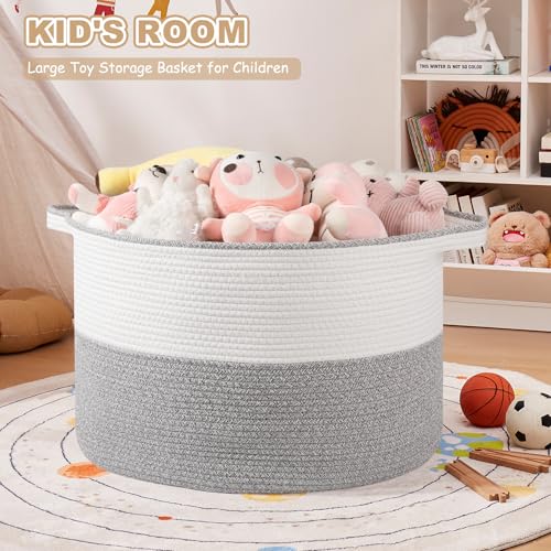 OIASKET XXL Large Blanket Basket with Handles, 105L Woven Storage Basket for Living Room, Cotton Rope Baby Toy Storage for Clothes, Pillows, Towels-Grey & White - color: Grey & White, size: 105L