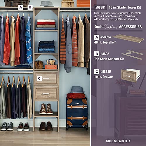ClosetMaid SuiteSymphony Wood Closet Organizer Starter Kit with Tower and 3 Hang Rods, Shelves, Adjustable, Fits Spaces 4 – 9 ft. Wide, Natural Gray - color: Natural Gray, style: Starter Tower Kit