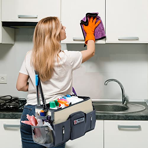 Large Cleaning Supplies Organizer-Cleaning Caddy Organizer With Handles & Shoulder Strap-Cleaning Bags for Cleaning Suppliers-Housekeepers Wearable Cleaning Tote Upgraded - color: Beige