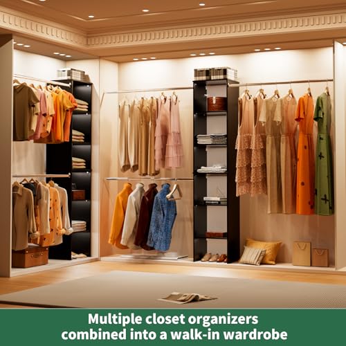 ROOMTEC Closet System, 17" Wide Wall-Mounted Closet Organizer Kit with Wood Storage Tower and 3 Hanging Rods, Wardrobe Closet System for Walk-In Closets, Black - color: Black, size: 17 Inch