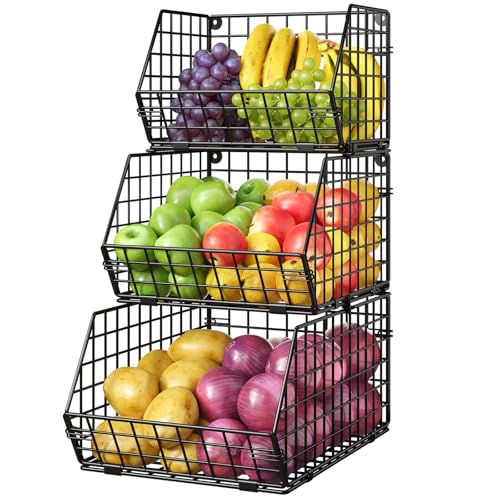 X-cosrack Stackable Wire Baskets for Counter, Fruit and Vegetable Storage, Potato and Onion Storage Bin，Kitchen Pantry Organizer - Wall Basket for Produce/Snack/Can, 3-tier Large, Black - size: 3-tier Large