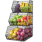 X-cosrack Stackable Wire Baskets for Counter, Fruit and Vegetable Storage, Potato and Onion Storage Bin，Kitchen Pantry Organizer - Wall Basket for Produce/Snack/Can, 3-tier Large, Black - size: 3-tier Large
