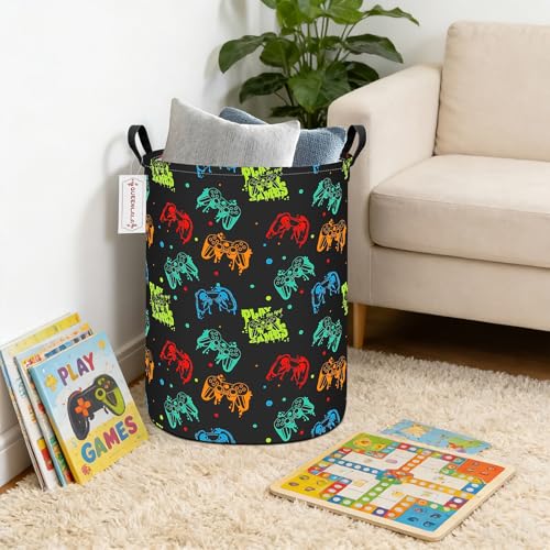 QUEENLALA Large Storage Basket,Laundry Hamper/Bathroom/Home Decor/Collapsible Round Storage Bin,Boys and Girls Hamper/Boxes/Clothing(Round-Black Game) - color: Round-Black Game