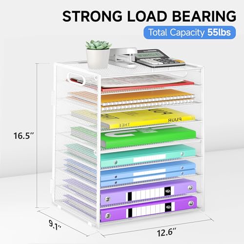 Cawukege 9 Tier Paper Organizer with Handle, White Large Capacity Desk Organizer Mesh File Folder Letter Paper Tray Desktop Document Sorter for Classroom, School, and Office Accessories Organization - color: 1 Pack - White