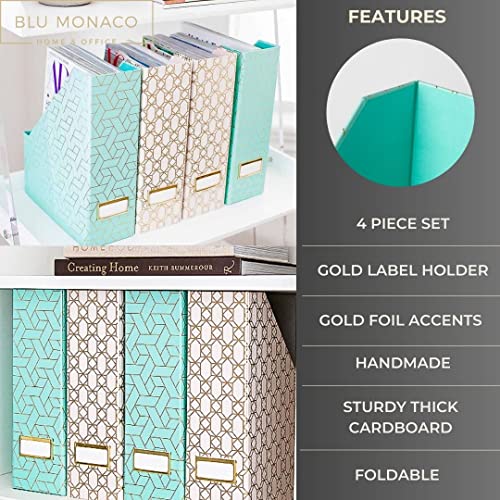 BLU MONACO | Set of 4 Foldable Pink & Aqua Magazine File Holders with Gold Geometric Patterns | Vertical File Organizer Boxes with Gold Label Holders for Home & Office - color: Pink-aqua