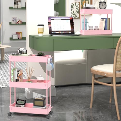 SPACEKEEPER Slim Rolling Storage Cart, 3 Tier Bathroom Organizer Utility Cart Laundry Room Organization Mobile Shelving Unit for Kitchen, Bathroom, Office, Bedroom, Narrow Places, Pink - color: Pink