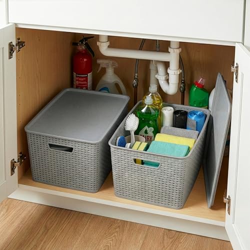 BINO | Plastic Storage Baskets with Lids, 33 Liter - 3 Pack, Natural Grey | THE WOVEN COLLECTION | Storage Basket for Shelves | Woven Storage Baskets for Organizing Bins | Pantry Shelf Organizer Bin - color: Natural Grey, size: 33L | 3-Pack