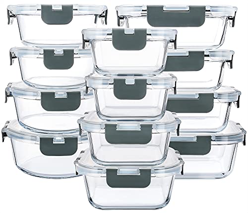 M MCIRCO 24-Piece Glass Food Storage Containers with Upgraded Snap Locking Lids,Glass Meal Prep Containers Set - Airtight Lunch Containers, Microwave, Oven, Freezer and Dishwasher - color: Gray