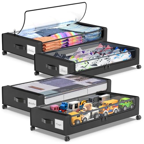 Beborxue Under Bed Storage with Wheels, 4-Pack UnderBed Storage Containers with Clear Lids, XXL 60L Under the Bed Storage Organizer Bins, Rolling Under Bed Metal Drawer for Clothes,Shoes,Toys (Black) - color: 4 Pack-Black