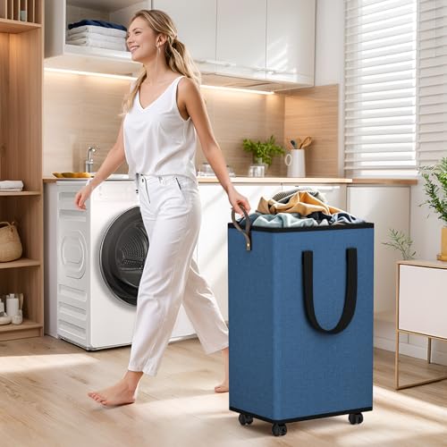 SpaceTrove Laundry Basket with Wheels, Collapsible Laundry Baskets, Laundry Hamper with Handles Detachable Wheels, Rolling Laundry Basket, Dirty Clothes Hamper for Bathroom, Dorm, Bedroom, Navy, 80L - color: Navy, size: 80L