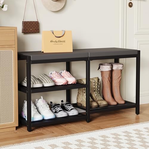 ZHOOGE Shoe Bench & Rack Storage Bench - Entryway Bench with Seat Cushion, Stable Organizer for Entryway & Living Room, Holds Up to 300 lb, (35" L x 12" W x 17" H, Black) - color: Black, size: 35"L x 12"W x 17"H