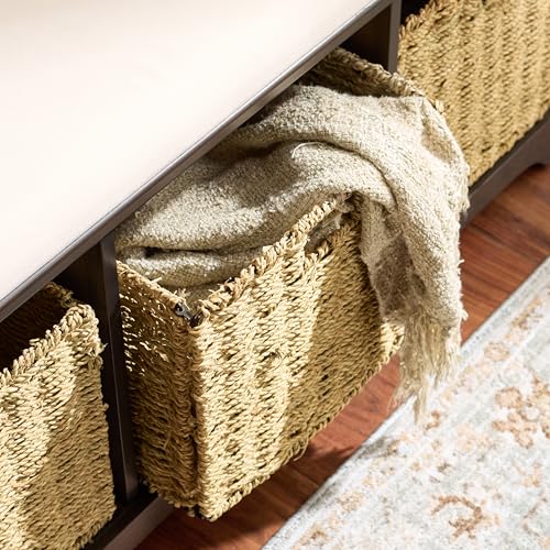 SAFAVIEH Home Collection – Lonan Dark Chocolate Storage Bench with Seat Cushion, 3 Basket Drawers, Coastal Farmhouse Entryway Design (AMH5733F) - color: Dark Chocolate