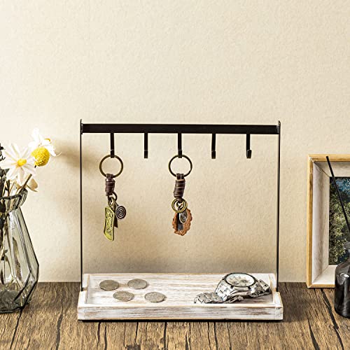MyGift Black Metal Entryway Key Holder with 5 Hooks and Shabby Whitewashed Wood Base, Tabletop Necklace and Jewelry Organizer Rack with Ring Tray - color: Whitewashed