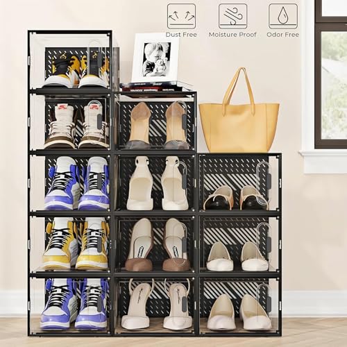 6-Pack Clear Plastic Stackable Shoe Storage Boxes for Sneakers, Boots, for Entryway, Living Room, Bedroom, Garage, Car Trunk, as Shoe Rack Substitute and Display Case for Small Space Organization - color: Black