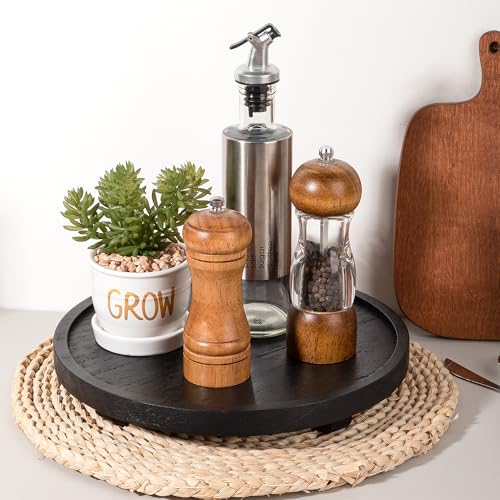 Round Decorative Tray Wood Bathroom Counter Organizer Farmhouse Kitchen Decor Wooden Riser for Soap Dish, Perfume, Candle, Sponge, 11" - Black - color: Black, size: 11"