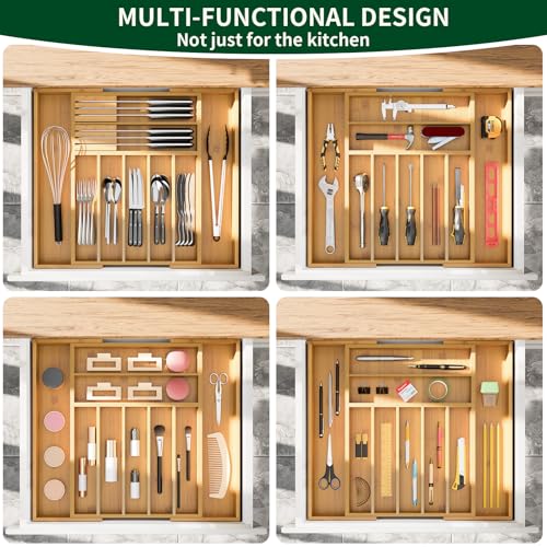 Dunruz Bamboo Expandable Drawer Organizer for Kitchen Utensils, Adjustable Silverware Tray with 9 Deep Slots for Large Spoons & Knives, Natural Wood Flatware Caddy for Cutlery Storage (Fits 13"-20")