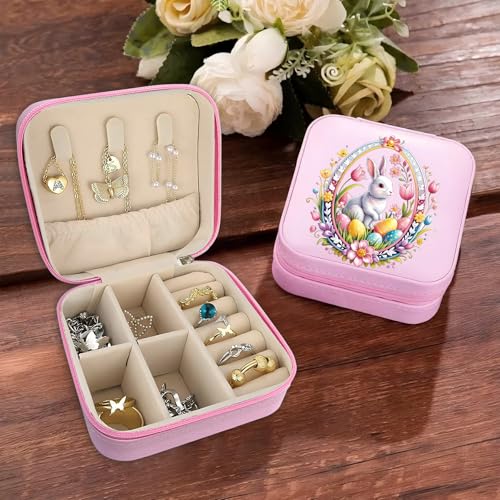 Bunny Pattern Portable Print Jewelry Box, 1pcs Pink Compact Jewelry Box Travel Jewelry Case Travel Case Organizer Bag Storage Box Jewelry Holder For Necklace Earrings Ring Bracelet - color: Easter bunny