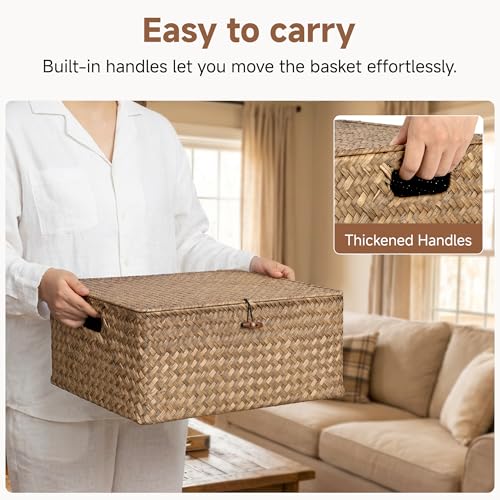 StorageWorks Extra Large Wicker Baskets, Seagrass Storage Baskets for Shelves, Decorative Box with Built-in Handles,Brown - color: Brown(Seagrass), size: 16½"L × 13"W × 7½"H