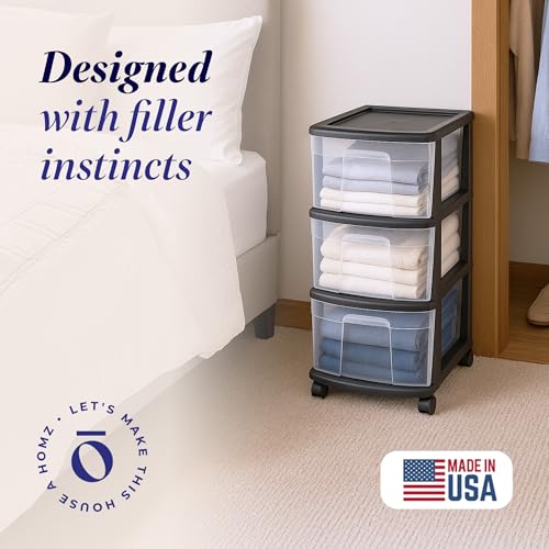 HOMZ Drawer Tower, 3-Tier Clear Plastic Storage Organizer Cart, Black Frame – Organizing Containers with Wheels for Home, Bathroom, Bedroom, Office, and Classroom - color: Black, size: 1 Pack