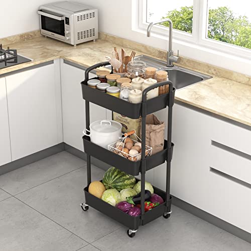 Sywhitta 3-Tier Plastic Rolling Utility Cart with Handle, Multi-Functional Storage Trolley for Office, Living Room, Kitchen, Movable Storage Organizer with Wheels, Black - color: Black, size: 3-tier