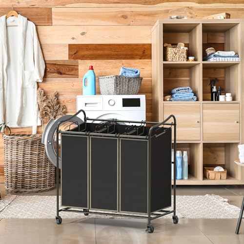 Simple Houseware Heavy Duty 3-Bag Laundry Sorter Rolling Cart, Bronze - color: Bronze