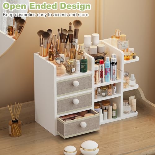 Large Makeup Organizer Countertop With Brush Holder Drawer For Vanity,Bamboo Bathroom Counter Organizers And Storage,Cosmetic Skincare Perfume Organizer,Easy To Store Nail Polish, Lipstick, Eyeshadow - color: White Bamboo