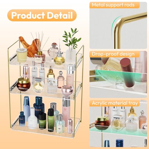 Bathroom Countertop Organizer, 3 Tier Acrylic Tray Vanity Counter Skincare Organizer Shelf, Kitchen Under Sink Standing Rack, Home Storage Holder for Lotion Makeup Cosmetics Perfume Spice, Gold | Vanity Counter, Kitchen Under Sink, Home Storage Holder, fo