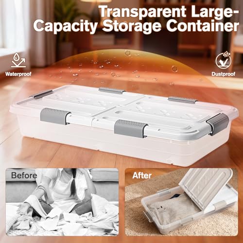 4 PCS*49 Qt Wheeled Latching Under Bed Storage, Double Opening Lids Stackable Bin with Latch Lid, Plastic Container to Organize Shoes Underbed, Clear with White Lid(White) - size: 37Quart*4PC