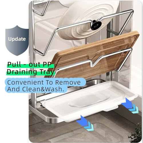 Stainless Steel Pot Lid Rack, Kitchen Pot Lid Storage Organizer, Multi Functional Countertop Spoon Holder While Cooking, Silver, Double-Layer Model
