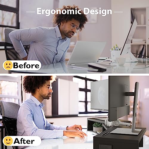 BONTEC Dual Monitor Stand Riser with Smartphone Holder, Adjustable Length & Swivel Angle, Ergonomic Wooden Desktop Organizer for PC Monitor, Laptop, Printer, Large Storage, Black - color: Black
