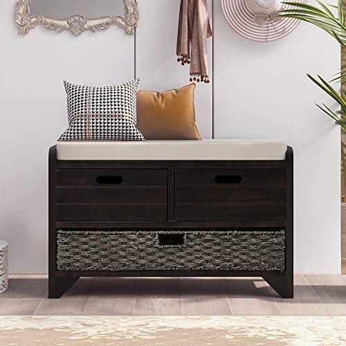 Fully Assembled Solid Acacia Wood Storage Bench - Shoe Organizer with 2 Drawers, Removable Basket & Padded Cushion, Rustic Entryway Bench (Espresso) - color: Espresso