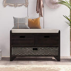 Fully Assembled Solid Acacia Wood Storage Bench - Shoe Organizer with 2 Drawers, Removable Basket & Padded Cushion, Rustic Entryway Bench (Espresso) - color: Espresso