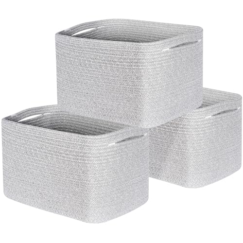 MINTWOOD Design 3-Pack Decorative Woven Storage Baskets for Shelves, Cube Bin Box for Organizing Books, Shoes, Dog Toys, Pantry Closet and Living Room Organizer, Light Gray Mix - color: Light Gray Mix